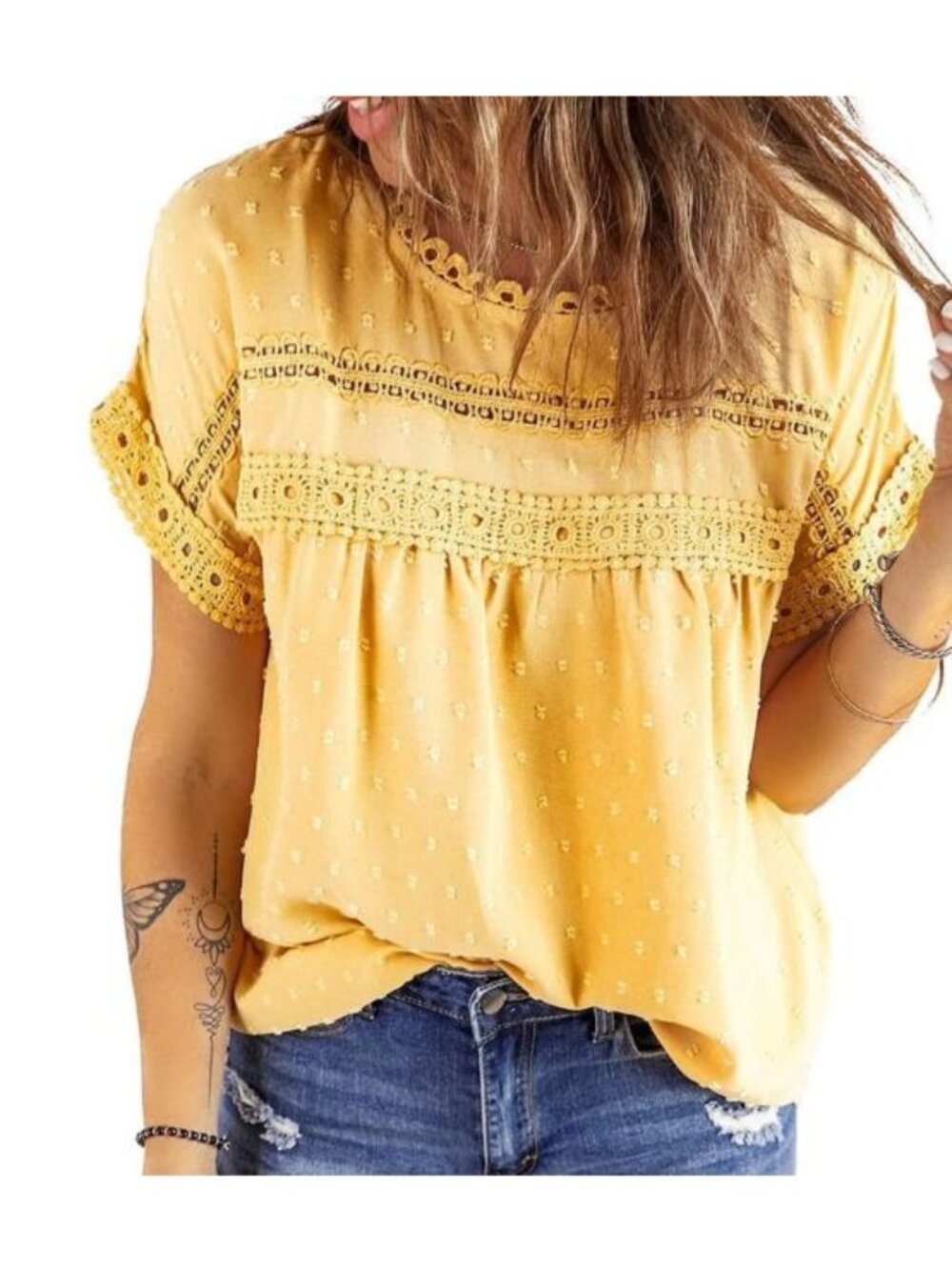 Yellow Lace Blouse Womens M Crewneck Chiffon Crochet Short Sleeve Top